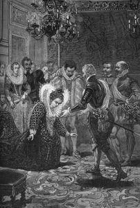 Treffen von Maria de Medici und Heinrich IV. (1601): Maria de Medici (1573-1642) verneigt sich vor ihrem Ehemann, König von Frankreich Heinrich IV. (1553-1610). Gravur des 19. Jahrhunderts. In „Histoire de France“ von Jules Michelet