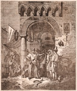 Händler kocht Pasta in einem Topf, italienische Szene (Gravur) von Unknown artist