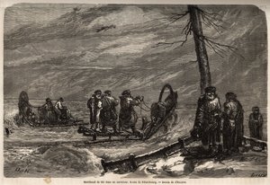 Händler des Ambulanten an einer verschneiten Kreuzung der Straße nach St. Petersburg. Zeichnung von Henriet, zur Illustration seiner Reise in die russischen Ostseeprovinzen in den Jahren 1851-54. Gravur in „Le tour du monde“, herausgegeben von Edouard Char