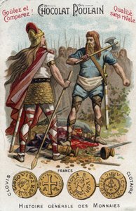 Merowinger: Chlodwig I. erschlägt den Soldaten, der das Gefäß von Soissons zerbrochen hatte, im Jahr 486. In Allgemeine Münzgeschichte. Schokoladen-Fohlen-Chromolithographie des späten 19. Jahrhunderts. Private Sammlung.