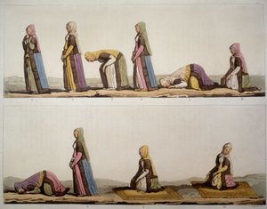 Methode für Gebetshaltungen der Muslime. In Die alte und moderne Tracht 1819-1820, von Ferrario.