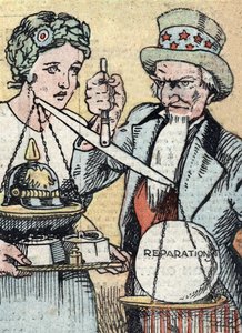 Metrisierung in den Vereinigten Staaten: Plan zur Einführung der Metrisierung dargestellt mit dem französischen Symbol Marianne und Uncle Sam, die versuchen, die Waage der Kriegsausgaben auszugleichen. Illustration aus „Le pèlerin“ März 1921