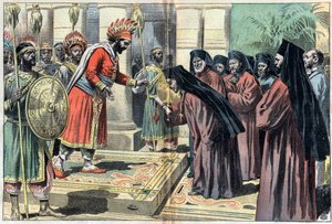 Mgr. Macaire umgibt 50 Priester, überreicht den Brief von Papst Leo XIII. an den König von Äthiopien Menelik, der antwortet: „Der Papst ist unser aller Vater“, Illustration aus der Zeitung Le Pelerin vom 3. Oktober von Unknown artist