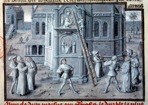 Mittelalter: der Bau gotischer Kathedralen. Bildhauer arbeiten an Reliefs auf einer Skala. Miniatur aus einem Manuskript. 15. Jahrhundert