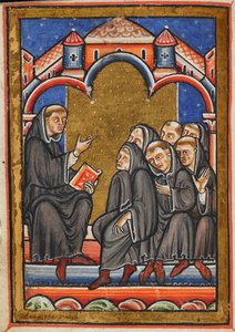 Miniatur von Cuthbert, der die Mönche im Kloster von Lindisfarne unterrichtet, aus Kapitel 16 von Bedes Prosa-Leben des St. Cuthbert