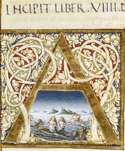 Miniatur, die Sirenen darstellt. Lettrine „A“ - in „Naturalis Historiae“ von Plinius dem Älteren (23 - 79), ed. 1480. Victoria & Albert Library von Unknown artist