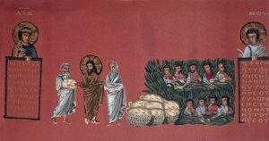 Wunder der Brotvermehrung - Szene aus dem Evangelium des Matthäus - Chromolithographie eines griechischen Manuskripts (ca. 600) aus der Nationalbibliothek von Unknown artist