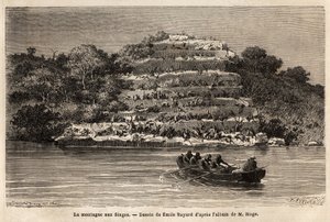 Affenberg, entlang des Senegal-Flusses, kurz nach den Gouina-Fällen (Mali). Gravur zur Illustration der Reise von Leutnant Mage im westlichen Sudan zwischen 1863 und 1866, veröffentlicht in „Le tour du monde, nouveau journal des voyages“ von Unknown artist
