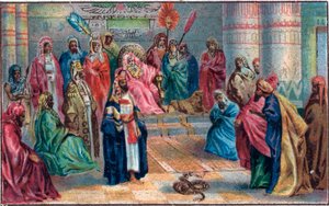 Moses und Aaron gegen den zornigen Pharao. Chromolithographie aus dem späten 19. Jahrhundert von Unknown artist