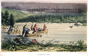 Mosquito Lake in Kanada: Indianer überqueren den See mit Moskitonetzen auf dem Kopf - in „Exploration of the Labrador Peninsula“ von Hind, London