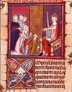 Mutter und Kind erscheinen vor einem König, Vertreter der Gerechtigkeit. Miniatur aus „Justiniani in Fortiatum“ von Unknown artist