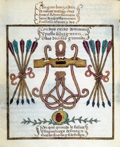 Motto der katholischen Könige. Emblem der katholischen Könige. Miniatur in „Devocionario de la Reyna Da Juana a Quien Llamaron la Loca“ von Pedro Marcuello