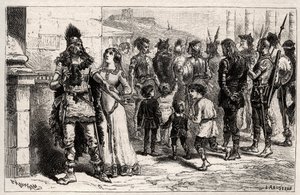 Bewegt von diesem traurigen Anblick, bittet Theodechilde oder Thichilde (Tochter von Thierry I.) (gestorben 534) um das Leben und die Freiheit des Gefangenen - Gravur in „Les Femmes Illustres De La France“ von Oscar Havard - 1886 von Unknown artist