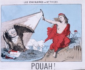 Flugblätter von Herrn Thiers - Pouah! : Karikatur von Thiers in Eule und Marianne (La Commune) erleuchtet ihn. von Unknown artist