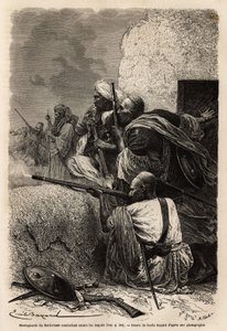Muslimische Bergbewohner, die in die Berge von Svat umgesiedelt wurden, kämpfen 1863 gegen eine englische Expedition, um das Plündern von Dörfern in der Region zu stoppen. Gravur zur Illustration der Geschichte von Pandjab und Kaschmir, von Guillaume Lejea von Unknown artist