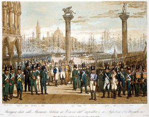 Napoleon I in Venedig am 29. November 1807 vor der italienischen Marine. Gravur von 1845 von Unknown artist