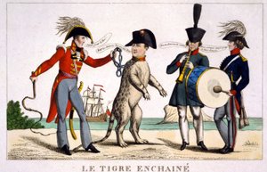 Napoleon I. in einem angeketteten Tiger, gehalten von einem britischen Offizier mit einer Peitsche. Russland und Österreich spielen daneben Musik. Karikatur 1815.