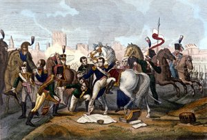 Napoleon I. verwundet vor Regensburg am 23. April 1809. Gravur des 19. Jahrhunderts