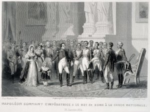 Napoleon vertraut die Kaiserin und ihren Sohn, den König von Rom, der Nationalgarde an (23. Januar 1814) - in „Fastes de Gardes nationales de France“ von Unknown artist