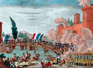 Napoleon führt seine Armee über die Brücke von Lodi - Napoleon während der Schlacht und Überquerung der Brücke von Lodi im Jahr 1796 - Überquerung der Brücke von Lodi in Italien durch die republikanisch-französische Armee unter dem Kommando von General Nap