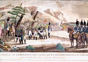 Napoleonischer Krieg: Napoleon I. trifft Kaiser Franz II. nach der Schlacht von Austerlitz am 2.12.1805. Gravur des 19. Jahrhunderts. von Unknown artist