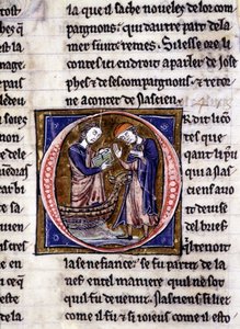 Nascion erhält das Buch (?). Manuskript: Eroberung des Heiligen Grals, geschrieben 717 Jahre nach der Passion unseres Herrn. Bibliothèque municipale de Rennes, ms. 255 (Sammlung von Romanen der Tafelrunde); Paris