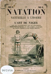 Natürliches Schwimmen mit Mann und die Kunst des Schwimmens, und Überlegungen zu Hydrotherapie-Behandlungen und der hygienischen Wirkung von kalten und heißen Bädern - Frontispiz, spätes 19. Jahrhundert von Unknown artist