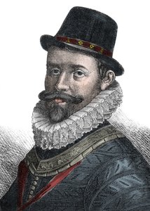 Marineverwaltung und Kommandant Sir John Hawkins (1532-1595) - Porträt von Sir John Hawkins (Hawkyns) (1532-1595), englischer Admiral, Schiffbauer, Navigator und Sklavenhändler. Gravur des 19. Jahrhunderts.