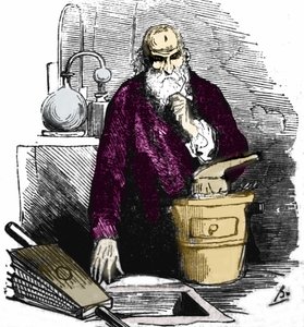 Nicolas Flamel (1330 - 1418) in seinem Labor.