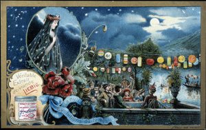 Nacht, Nachtfest beleuchtet mit Laternen, in der Nähe eines Sees - Liebig Chromolithographie