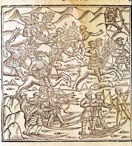 Norwegische Jäger auf Skiern und Rentieren. Gravur von Olaus Magnus (1490 - 1557), schwedischer Geistlicher und Geograph, „Historia de Gentis Septentrionalibus“, Venedig