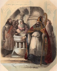 Notger (930-1008) (Notker von Lüttich), Bischof von Lüttich, während der Taufe von Otto III. (980-1002), König von Deutschland. Gravur von 1868 in „Histoire de Belgique von den frühesten Zeiten bis zum Ende der Herrschaft von Leopold I.“ von Théodore Juste
