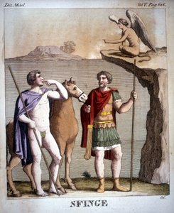 Ödipus und die Sphinx - im „Dizionario mitologico“, Gravur des 19. Jahrhunderts, Bibliothek di Brera, Mailand. von Unknown artist