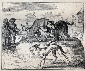 Altes englisches Sprichwort: Zwei Hunde streiten um einen Knochen und der dritte nimmt ihn weg von Unknown artist