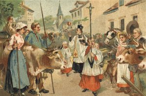 Alte Tradition im Nivernais: Die Segnung der Herden. Chromolithographie aus dem späten 19. Jahrhundert. von Unknown artist