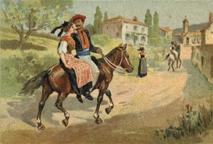 Alte Tradition in der Provence: Die Versammlung der Camarguais. Chromolithographie aus dem späten 19. Jahrhundert.