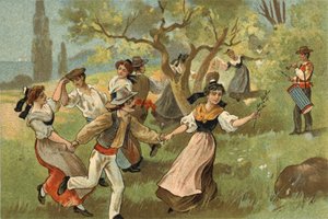 Altes Brauchtum in der Provence: Die Farandole bei Seidenraupen-Erntefesten. Chromolithographie aus dem späten 19. Jahrhundert