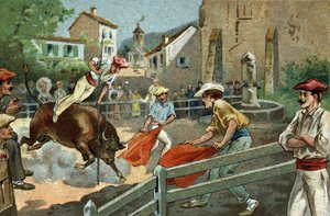 Alte Tradition in der Region Biskaya: Landaise-Rennen in einem Dorf. Chromolithographie des späten 19. Jahrhunderts