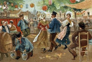 Altes Brauchtum in Flandern: Flämischer Jahrmarkt. Chromolithographie aus dem späten 19. Jahrhundert von Unknown artist