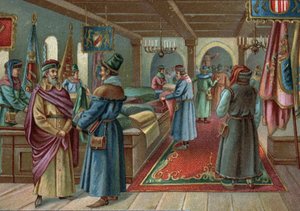 Alte Einkaufszentren: Leinenhalle in Brügge, Belgien im 15. Jahrhundert. Chromolithographie des späten 19. Jahrhunderts von Unknown artist