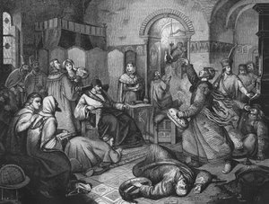 Am letzten Tag von Iwan IV. dem Schrecklichen (1530-1584), Zar und Großfürst von Russland, neben ihm seine schöne Tochter. Gravur von 1860