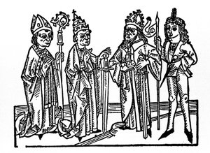 Links: der Bischof, der Papst, der Kaiser und der edle Reiter. Die Hauptvertreter der sozialen Klassen des Feudalzeitalters. Gravur aus „Leben der Heiligen - Sommerteil“ (Das Buch der Heiligen) von Jacobus (James) von Voragine (1228-1298). Lu