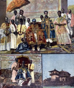 Oben ist die Kaiserin Taitou von Äthiopien, Ehefrau von Menelik II. und ihr Gefolge. Unten links ist ihre Tochter, die zukünftige Königin Zaouditou (1876 - 1930). Rechts der Kaiserpalast Ghebi in Addis Abeba. Ill. für die späte 19. Jahrhundert Presse