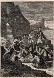 Einer von ihnen zerlegte mit den Zähnen: Vizeadmiral John Byron (1723-1786) auf einer der Inseln der Magellanstraße - die Feuerländer zerlegen mit ihren Zähnen einen Wal, der am Strand zerrissen und versteinert war - Illustration von Unknown artist