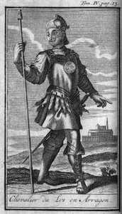 Ritterorden. Ritter des Ordens der Lilie in Aragon im 15. Jahrhundert in „Geschichte der militärischen Orden oder Ritter, der weltlichen und regulären Milizen beider Geschlechter, die bisher gegründet wurden. Ausgabe von Abbe Giustiniani, R.P.Bo von Unknown artist