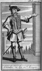 Ritterorden. Ritter des Ordens der Lilie in Aragon im 15. Jahrhundert. In „Geschichte der militärischen Orden oder Ritter, der säkularen und regulären Milizen beider Geschlechter, die bisher gegründet wurden“. Ausgabe von Abbe Giustiniani, R.P.Bonani, M. H von Unknown artist