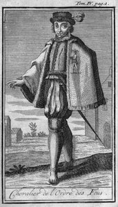 Ritterorden. Ritter des Ordens der Narren. In „History of military orders or knights, of the secure and routine militias of both sexes, which have been established so far. Edition taken from Abbe Giustiniani, R.P.Bonani, M. Herman, Schoonebeek von Unknown artist