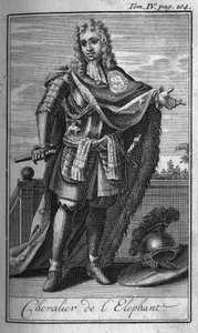 Ritterorden. Ritter des Elefanten in Dänemark im 15. Jahrhundert. In „Geschichte der militärischen Orden oder Ritter, der sicheren und routinemäßigen Milizen beider Geschlechter, die bisher gegründet wurden“. Ausgabe von Abbe Giustiniani, R.P.Bonani, M. He von Unknown artist