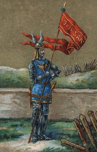 Oriflamme oder Banner des Königs von Frankreich Karl V. (1364-1380). Chromolithographie des 19. Jahrhunderts.