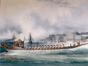 Osmanisches Reich: Darstellung des Bootes des Sultans auf dem Bosporus in Istanbul. Der Ciragan-Palast ist sichtbar. (Detail) von Unknown artist